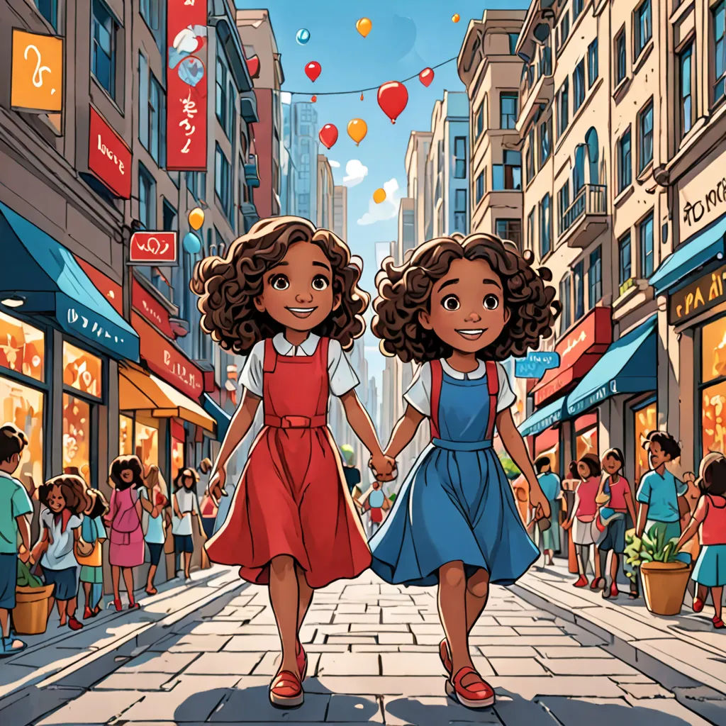 two girls walking down a street holding hands in front of a crowd of people on a city street with balloons, lyco art, a storybook illustration, Cui Bai, comic cover art
