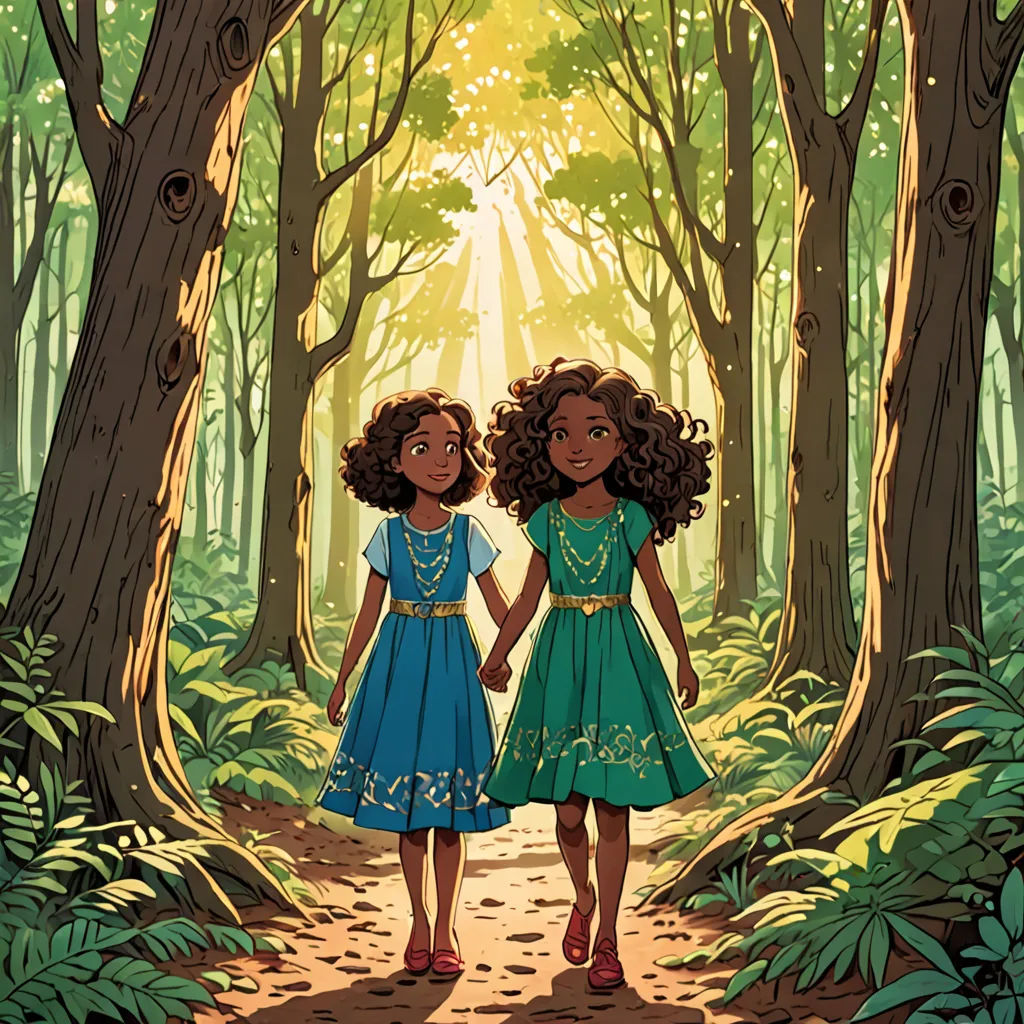 two girls walking through a forest holding hands and looking at the sun through the trees on a sunny day, magical realism, a storybook illustration, Chinwe Chukwuogo-Roy, comic cover art