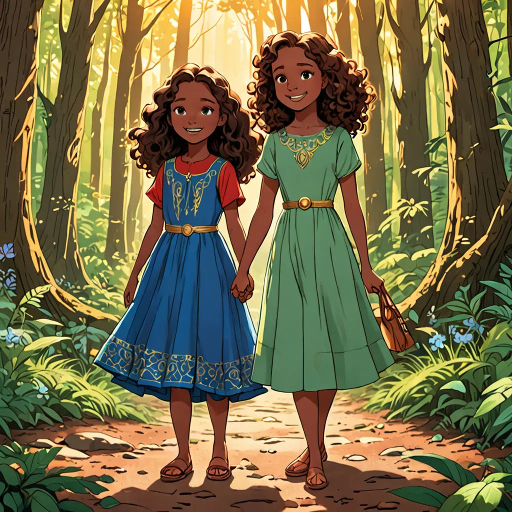 two young girls are walking through a forest holding hands and smiling at the camera, with the sun shining through the trees behind them, hurufiyya, a storybook illustration, Ella Guru, comic cover art