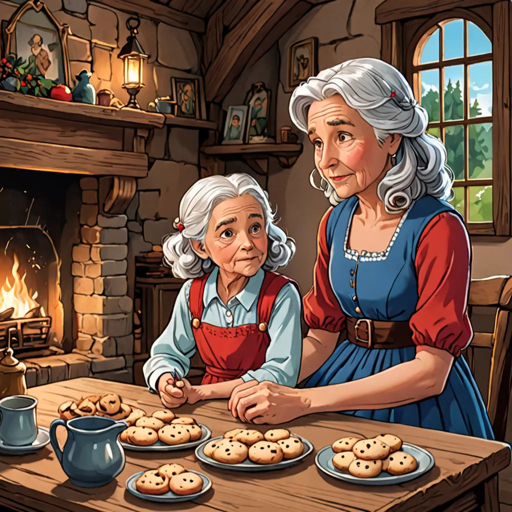 a woman and a child are making cookies in front of a fireplace in a cabin with a fireplace and a fireplace, american scene painting, a storybook illustration, Anne Said, storybook illustration