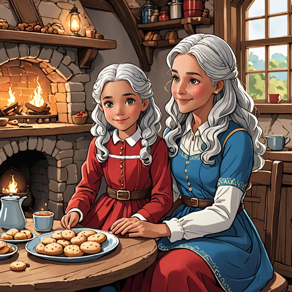 a woman and a child sitting at a table with cookies in front of a fireplace and a fire place, remodernism, a storybook illustration, Anne Said, official art