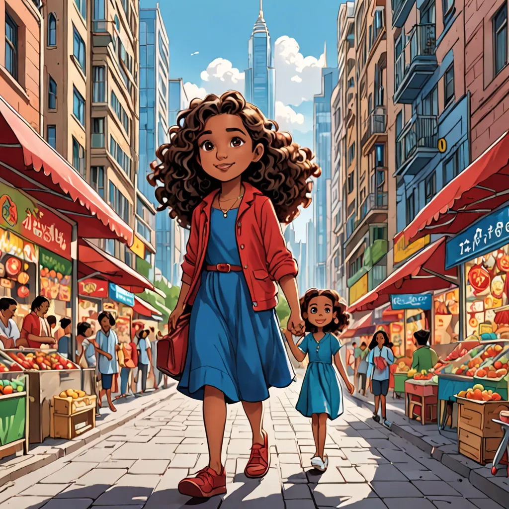 a woman and a child walking down a street in a city with a tall building in the background and a market area with people, lyco art, a poster, Cui Bai, promotional image