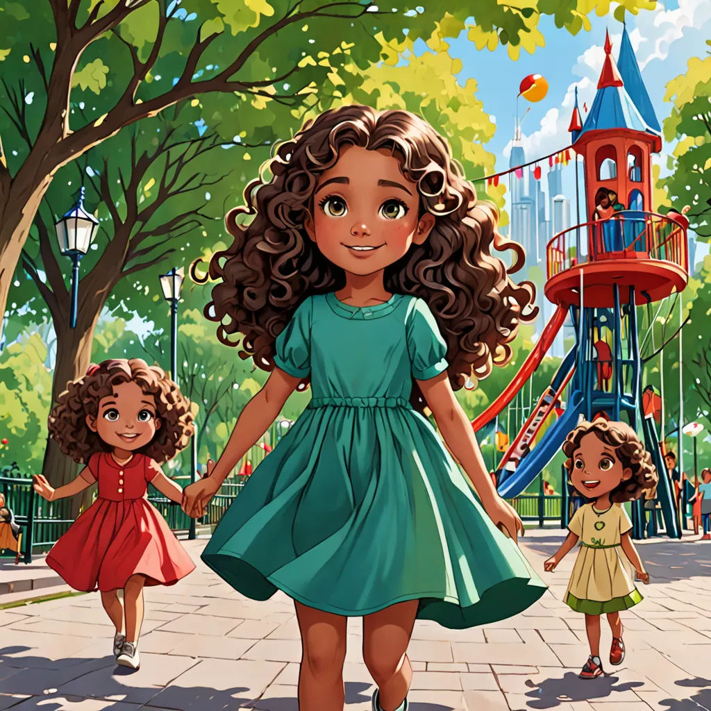 a painting of a mother and two daughters holding hands in a park with a playground in the background and a playground tower in the background, lyco art, a comic book panel, disney, comic cover art