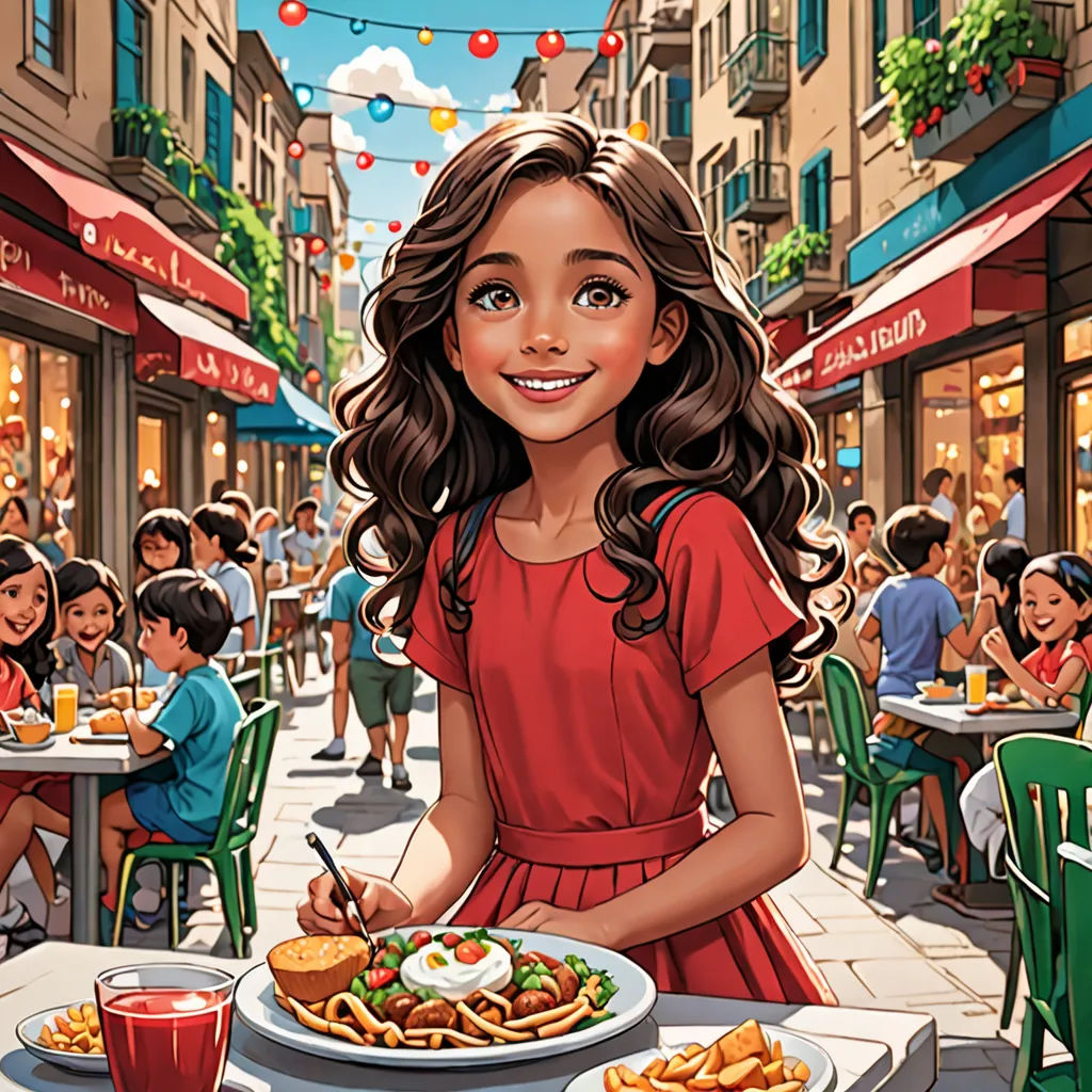 a girl in a red dress is eating a meal in a restaurant with a lot of people in the background, photorealism, a storybook illustration, Asaf Hanuka, rossdraws global illumination