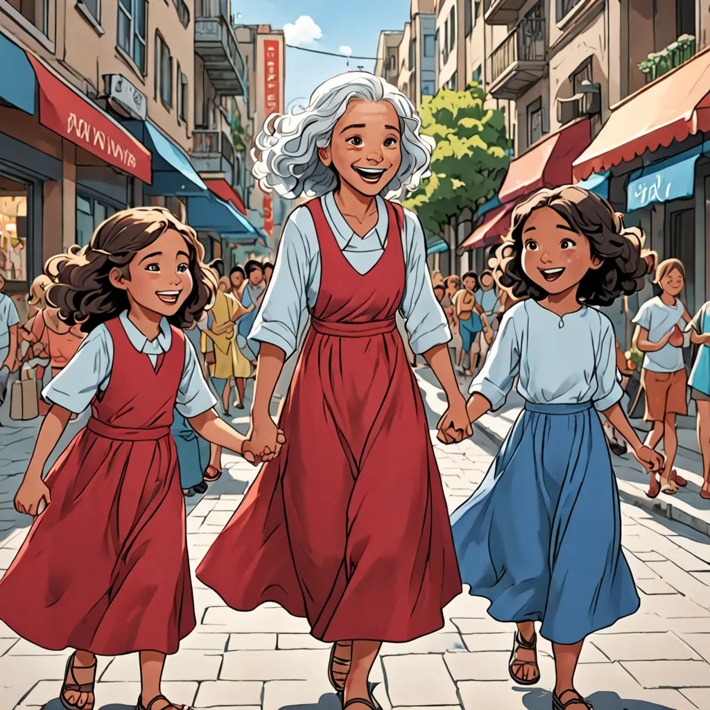 a woman and two girls walking down a street holding hands and smiling at the camera with a crowd of people in the background, private press, a comic book panel, Asaf Hanuka, comic cover art