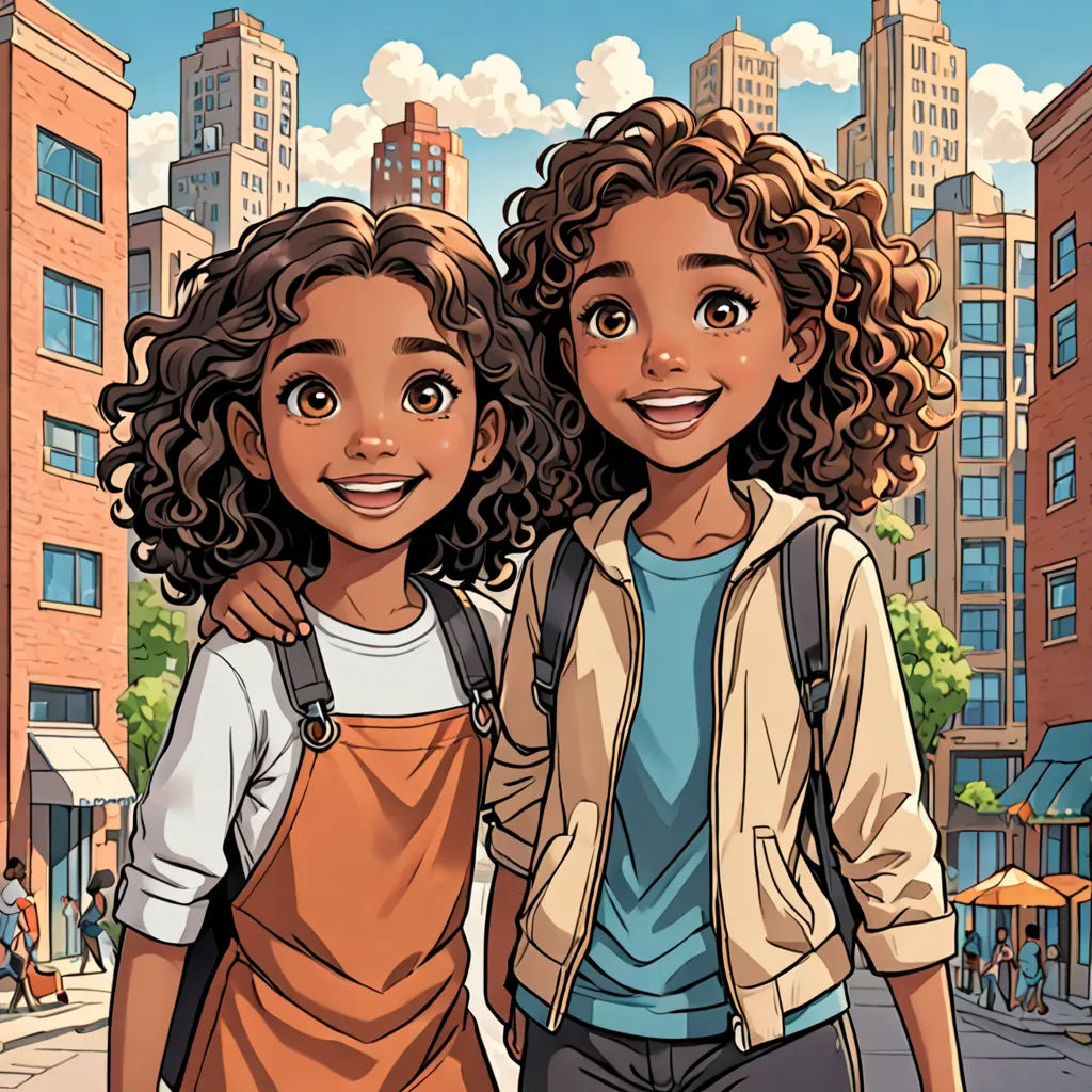 two young girls standing next to each other on a city street with buildings in the background and a cartoon style, harlem renaissance, a comic book panel, Altichiero, comic cover art