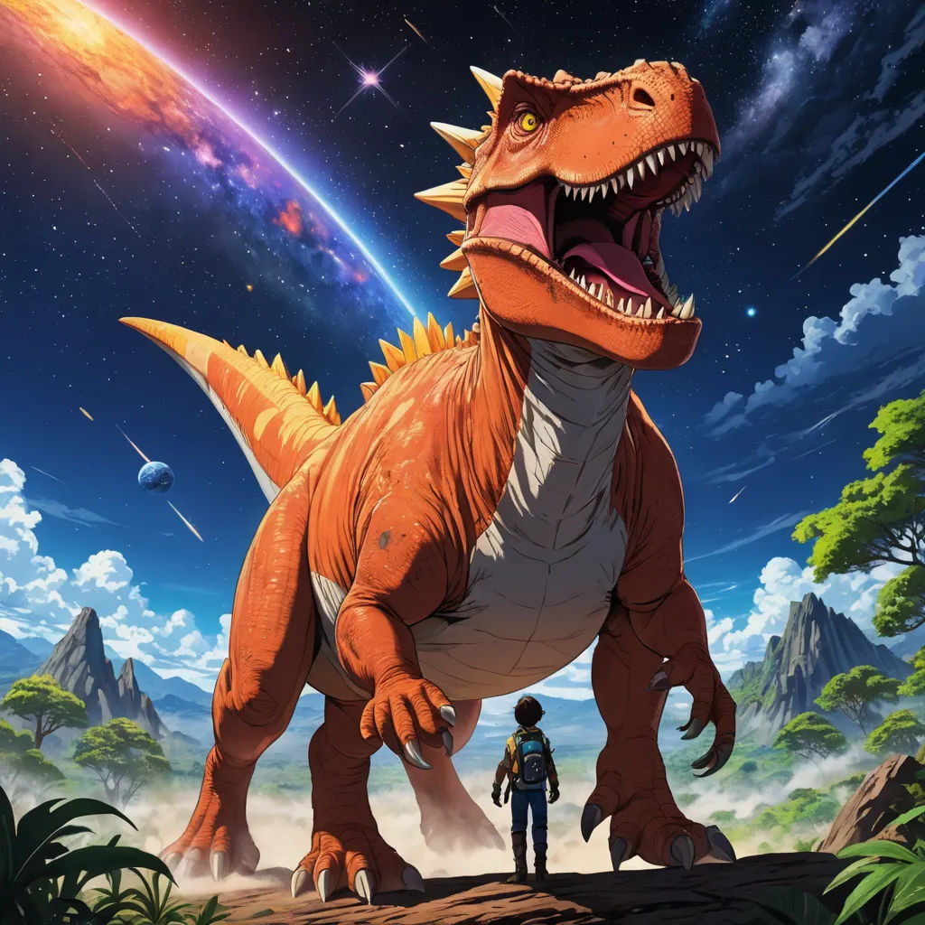 a dinosaur and a man standing in front of a mountain with a sky background and stars in the sky, space art, poster art, Adam Rex, rossdraws global illumination
