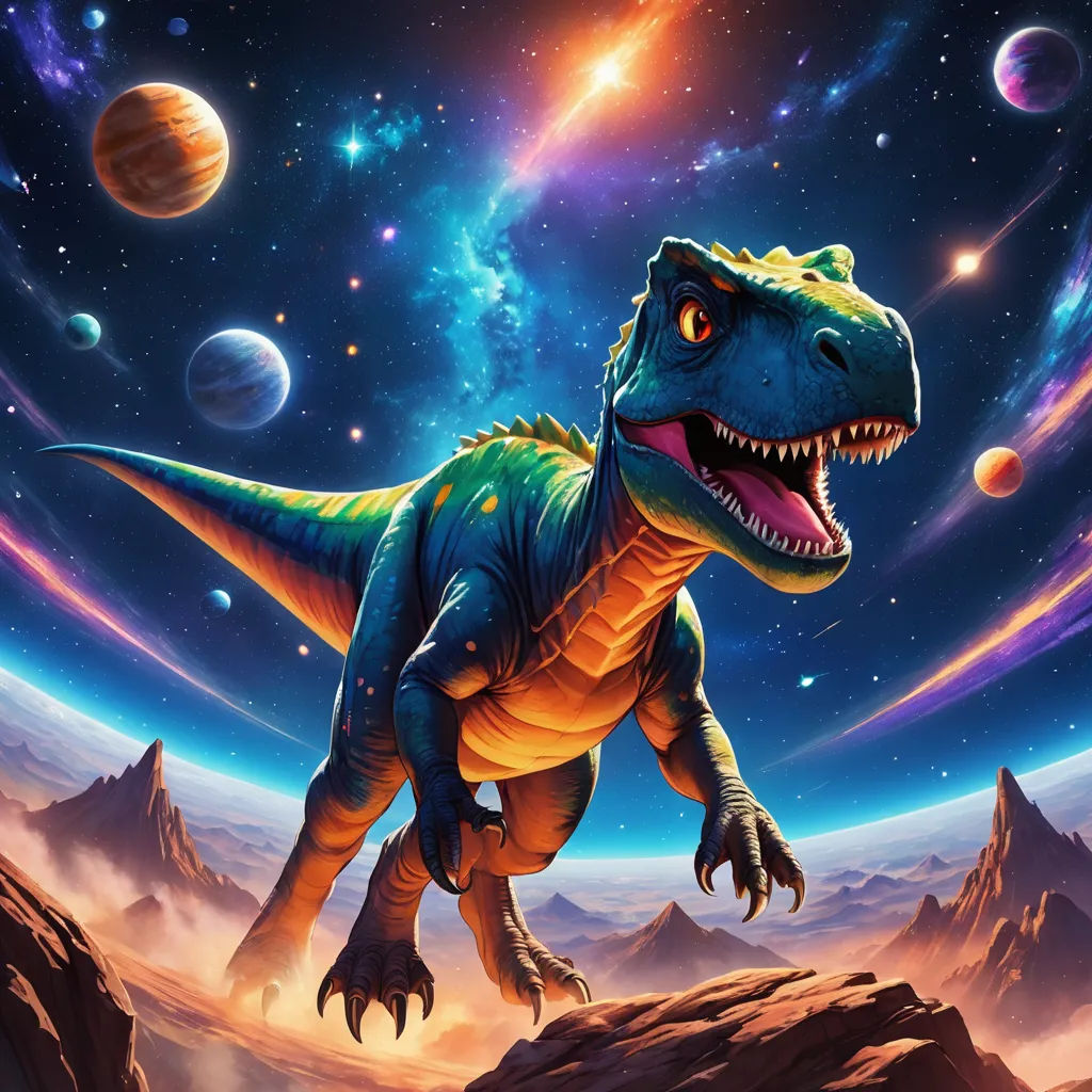 a dinosaur with a large mouth and a planet in the background with stars and planets in the sky with a bright glow, space art, poster art, Adam Rex, league of legends splash art