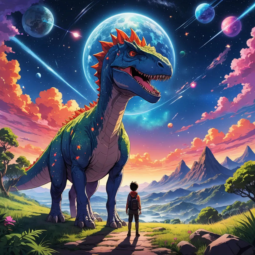 a man standing next to a dinosaur in a field with mountains and planets in the background, with a person standing on a path, space art, poster art, Chris LaBrooy, rossdraws global illumination
