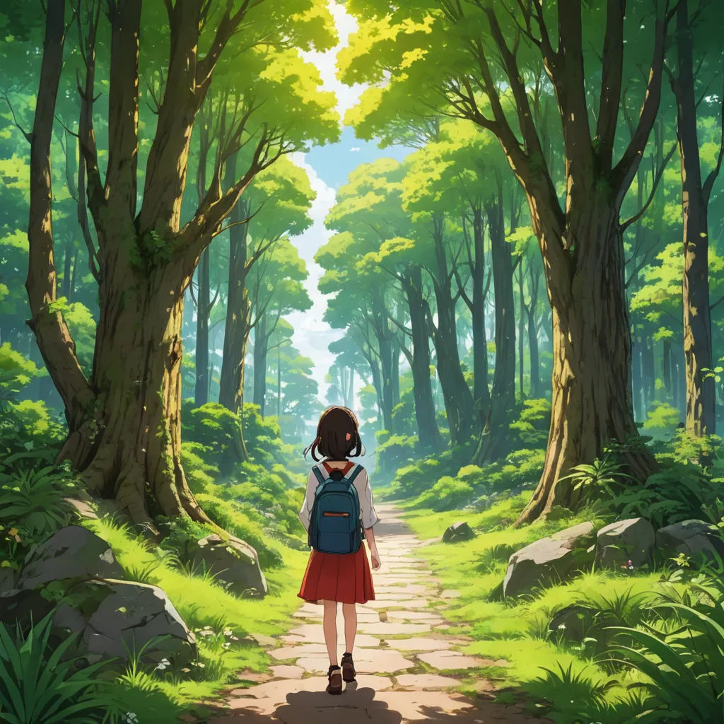 a girl in a red dress is walking through a forest with trees and rocks on the ground, looking at the sun, magical realism, a detailed matte painting, Atey Ghailan, ghibli