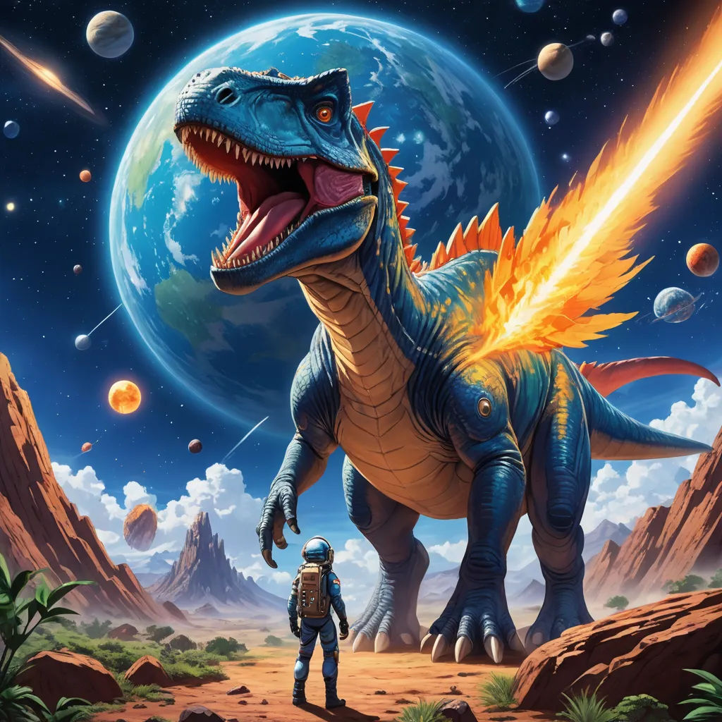 a dinosaur with a man standing next to it in front of a planet with a star in it's center, space art, poster art, Chris LaBrooy, rossdraws global illumination
