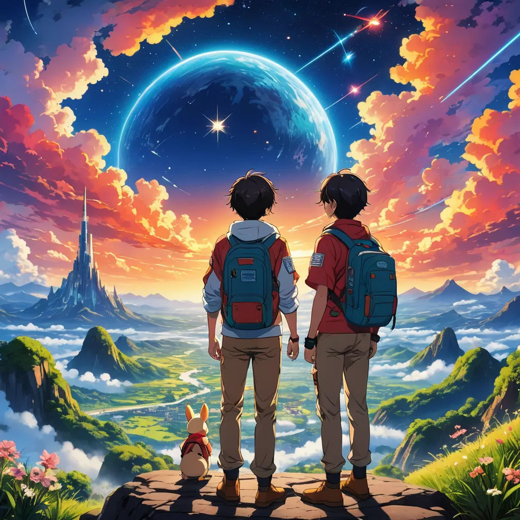 two people standing on a hill looking at a sky with a planet in the background and a dog standing on the ground, space art, poster art, Beeple, anime key visual