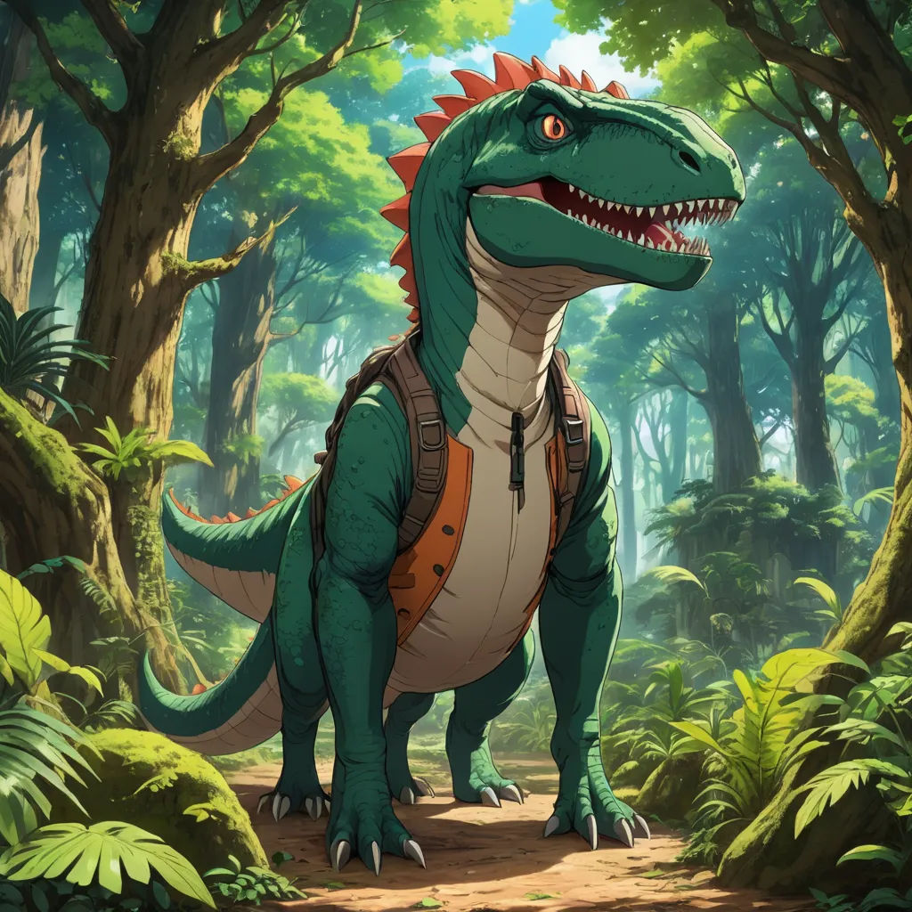 a dinosaur with a backpack in a forest with trees and bushes, with a person walking behind it, in the foreground, furry art, concept art, Adam Rex, official art