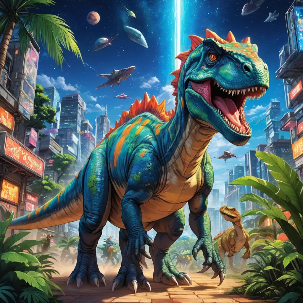 a dinosaur in a city with other dinosaurs and other animals in the background, with a bright blue sky, altermodern, concept art, Adam Rex, key art