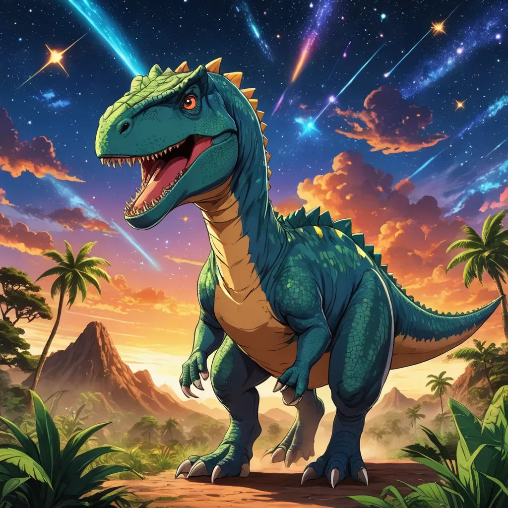a dinosaur in a tropical setting with a sky background and stars in the sky above it, and a mountain range in the background, sots art, concept art, Adam Rex, official art