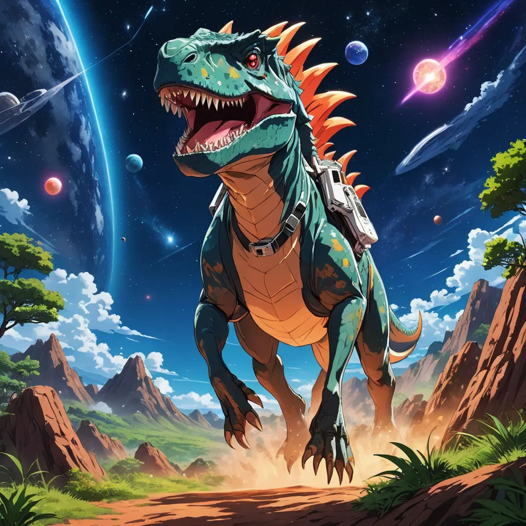 a dinosaur with a gun in its mouth and a planet in the background with stars and planets in the sky, space art, concept art, Chris LaBrooy, rossdraws global illumination