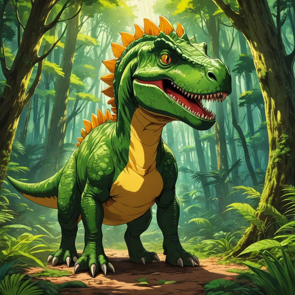 a dinosaur in the forest with trees and plants around it, with a bright light shining on its face, altermodern, concept art, Adam Rex, rossdraws global illumination