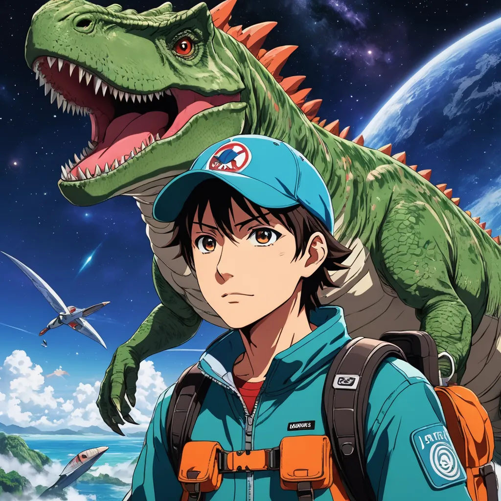 a man in a baseball cap and a dinosaur in the background with a sky background and a planet in the background, space art, poster art, Adam Rex, anime key visual