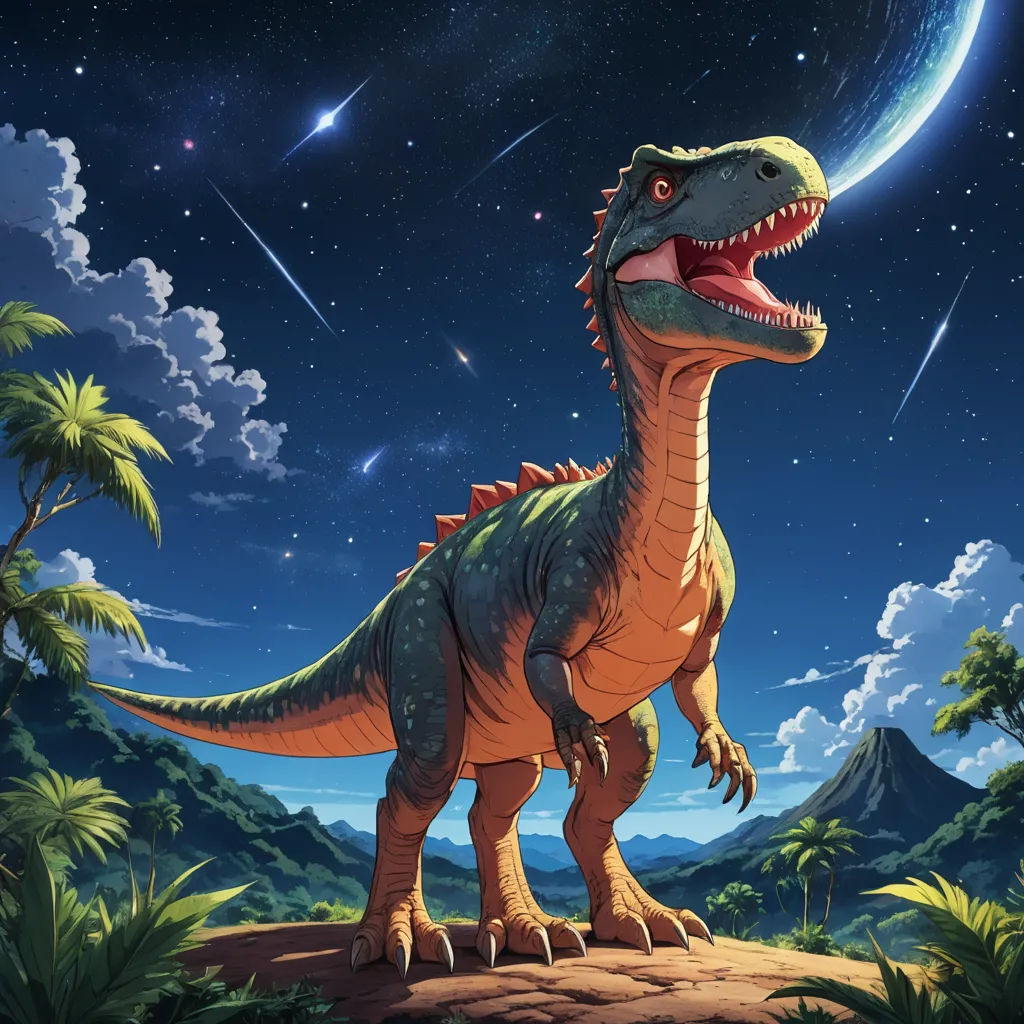 a dinosaur is standing on a rock in the night sky with stars and a crescent of the moon in the background, space art, a storybook illustration, Adam Rex, rossdraws global illumination