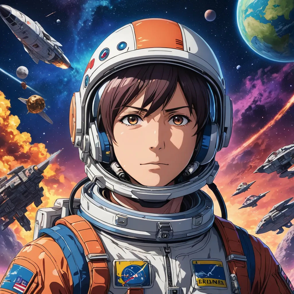 a man in an astronaut suit standing in front of a space station with planets and stars in the background, space art, poster art, Eizan Kikukawa, anime key visual