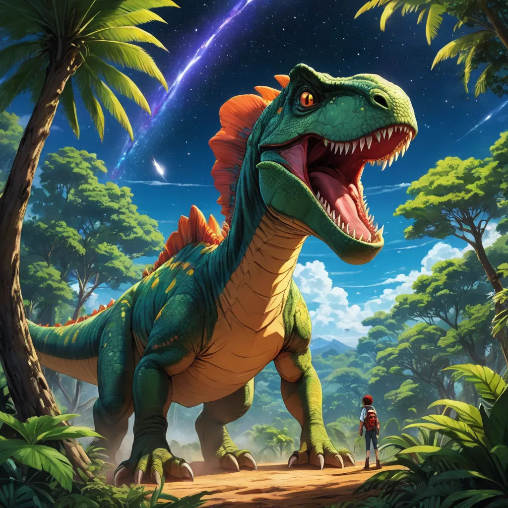 a dinosaur with its mouth open and a man standing next to it in the background of a forest with a star filled sky, sots art, concept art, Adam Rex, rossdraws global illumination