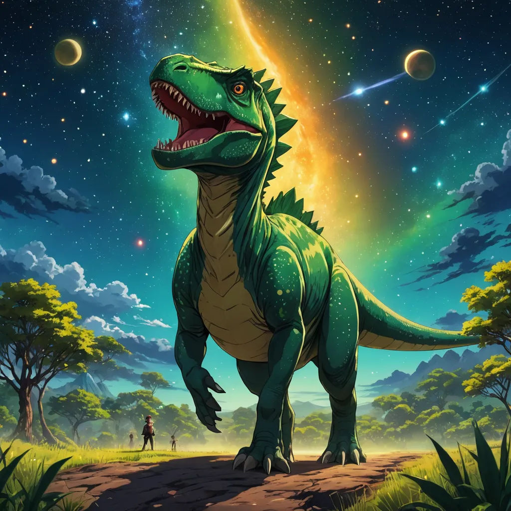 a dinosaur with its mouth open standing in the middle of a field with trees and a man in the distance, space art, poster art, Chris LaBrooy, rossdraws global illumination