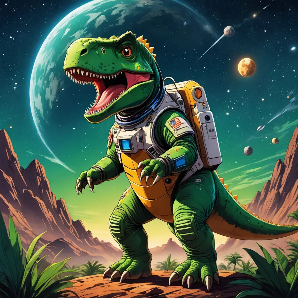 a dinosaur with a backpack on its back in the desert with planets in the background and a planet in the sky, space art, concept art, Adam Rex, game art