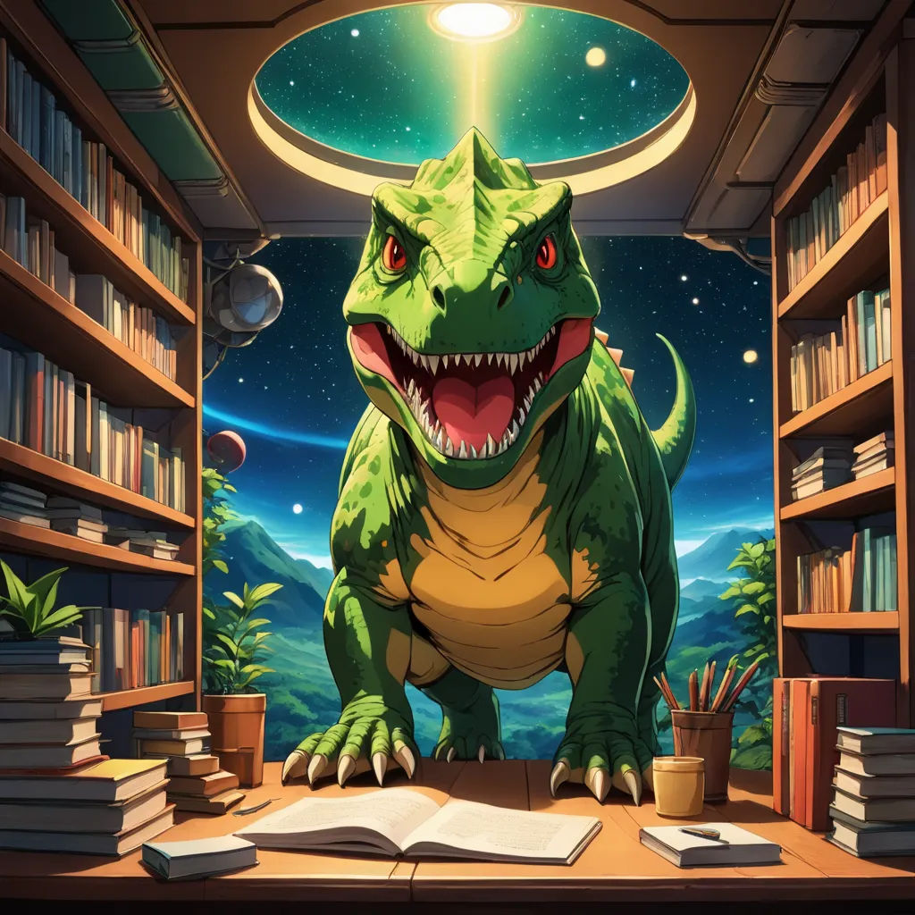 a dinosaur in a library with a book on the table and a book on the floor in front of him, space art, a storybook illustration, Adam Rex, rossdraws global illumination