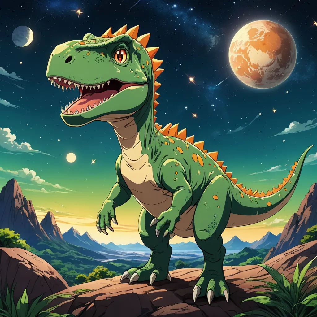 a dinosaur standing on a rock in the night sky with a full moon in the background and a planet in the background, space art, concept art, Adam Rex, official art