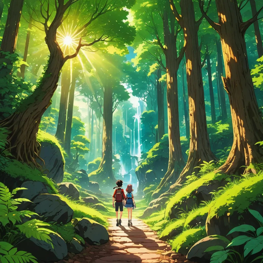 a couple of people walking down a forest road next to a waterfall and a forest filled with trees and ferns, environmental art, a detailed matte painting, Ai-Mitsu, ghibli