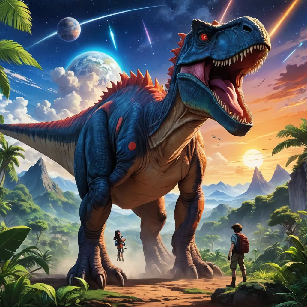 a dinosaur and a man in a jungle scene with a mountain background and a planet in the background with stars and planets, sots art, concept art, Adam Rex, rossdraws global illumination