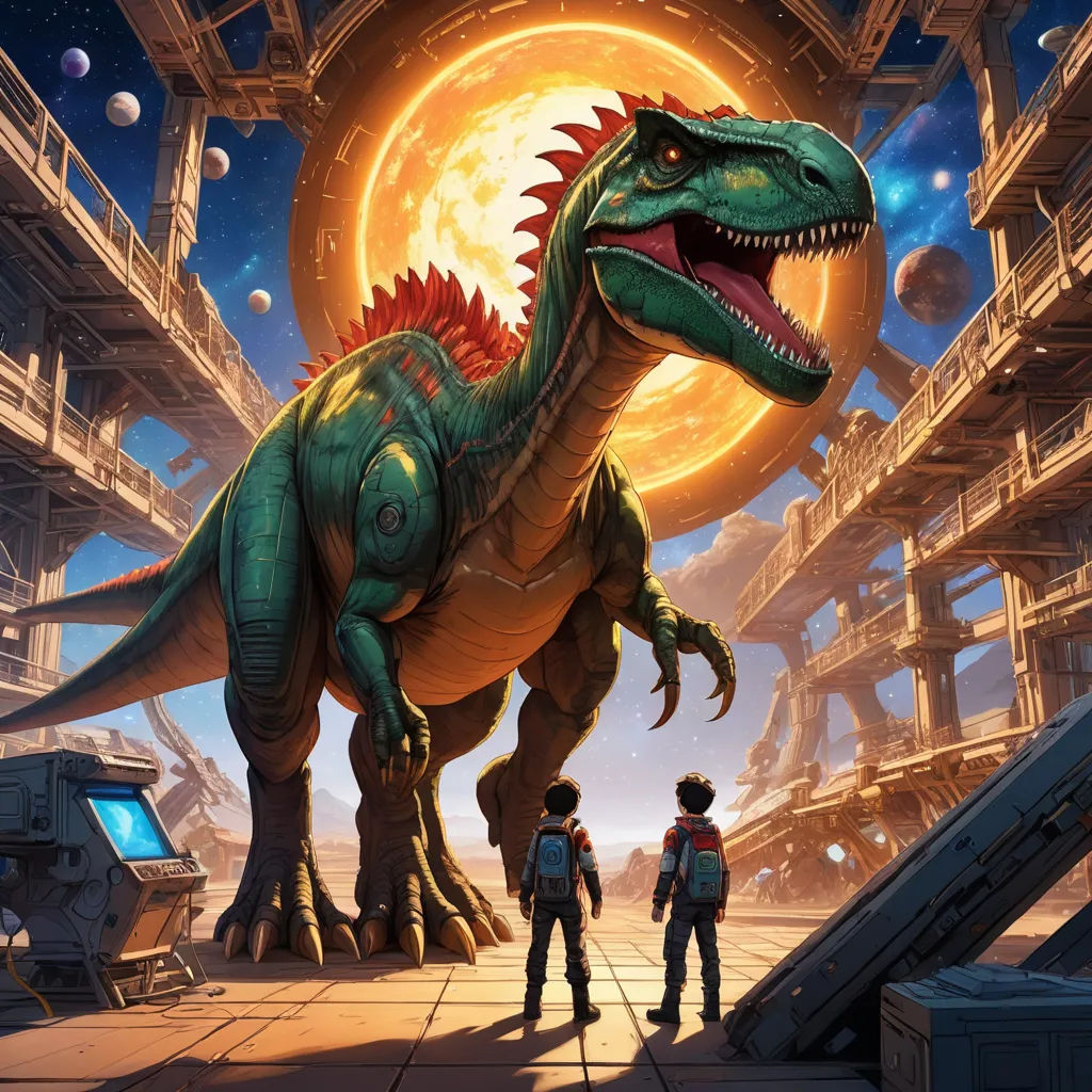 a dinosaur and two people standing in front of a building with a giant sun in the background and a giant dinosaur in the foreground, space art, concept art, Chris LaBrooy, rossdraws global illumination