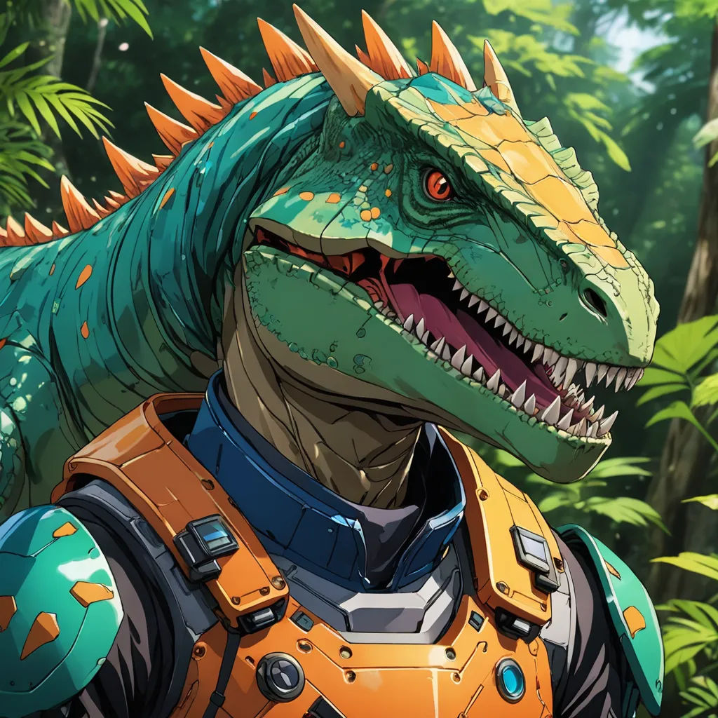 a dinosaur with a helmet and armor standing in front of trees and plants in a forest area with a person in a costume, sots art, a character portrait, Adam Rex, official art
