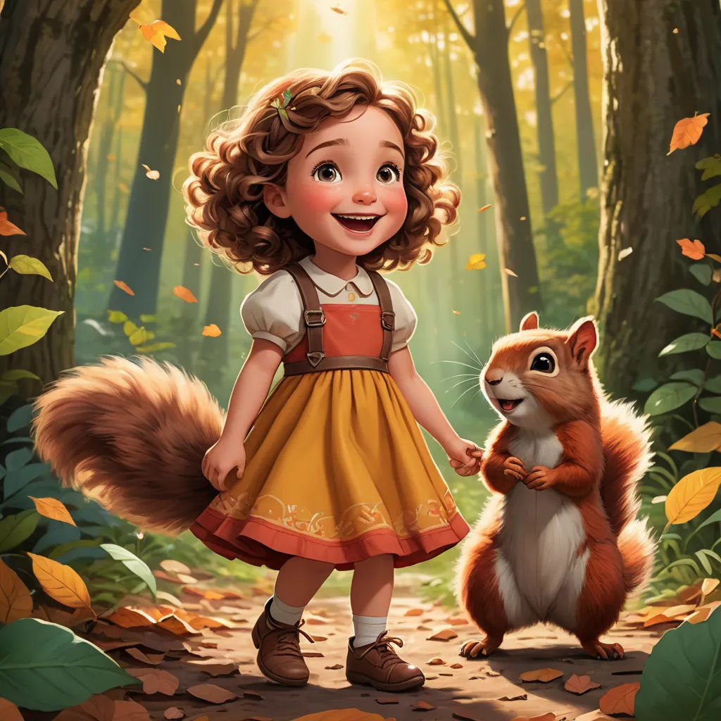 a little girl holding a squirrel's hand in a forest with leaves and trees around her, and a squirrel standing on the ground, sots art, a storybook illustration, Anne Said, official art