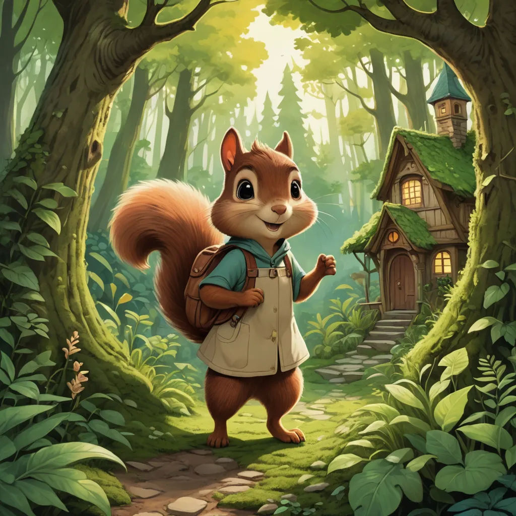 a squirrel with a backpack is standing in the woods near a house and a tree trunk with a house on it, sots art, a storybook illustration, Chris LaBrooy, official art