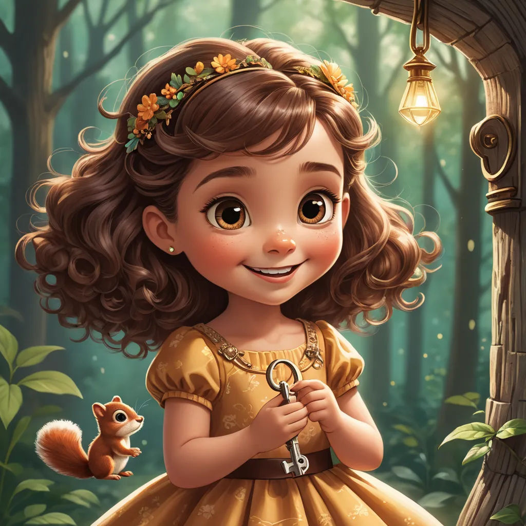 a little girl in a yellow dress holding a key to a tree with a squirrel on it's shoulder, fantasy art, a storybook illustration, Clarice Beckett, trending on art station