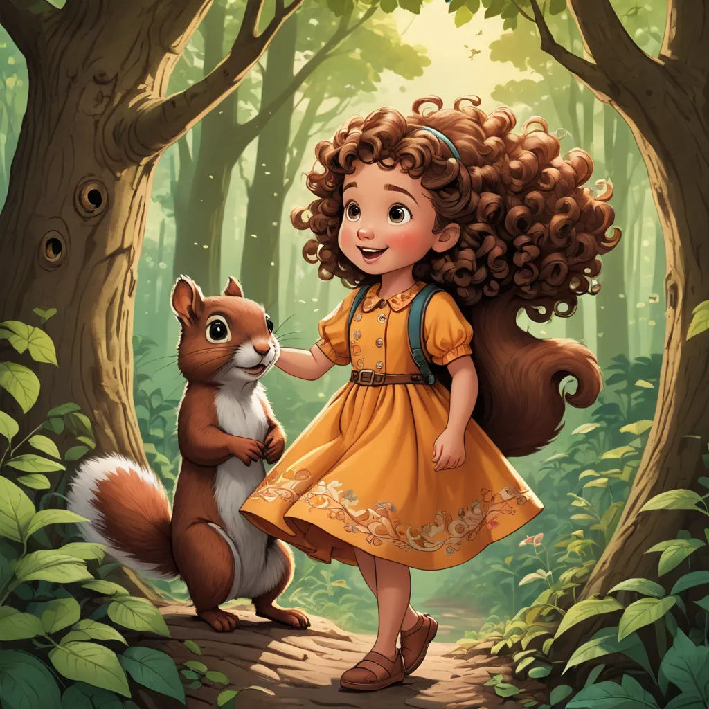 a girl in a yellow dress is holding a squirrel in a forest with trees and leaves on the ground, serial art, a storybook illustration, Chris LaBrooy, storybook illustration