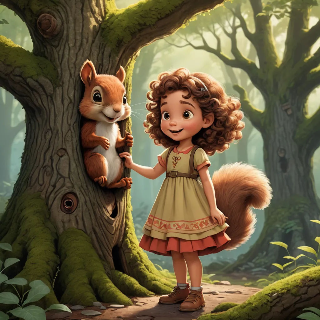 a girl in a dress standing next to a squirrel on a tree trunk in a forest with a squirrel on it, furry art, a storybook illustration, Chris LaBrooy, promotional image