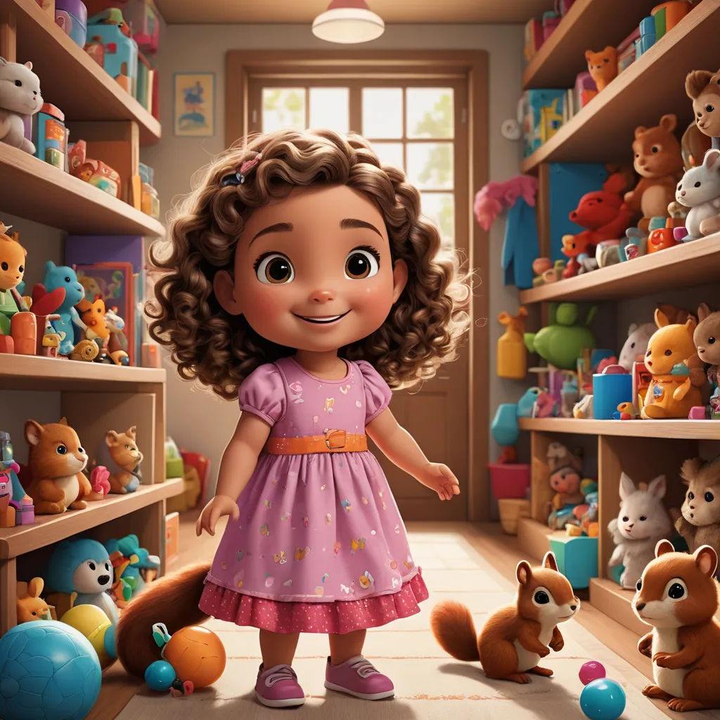 a cartoon girl standing in a room full of toys and stuffed animals, with a smiling face on her face, photorealism, a storybook illustration, Chris LaBrooy, pixar and disney animation