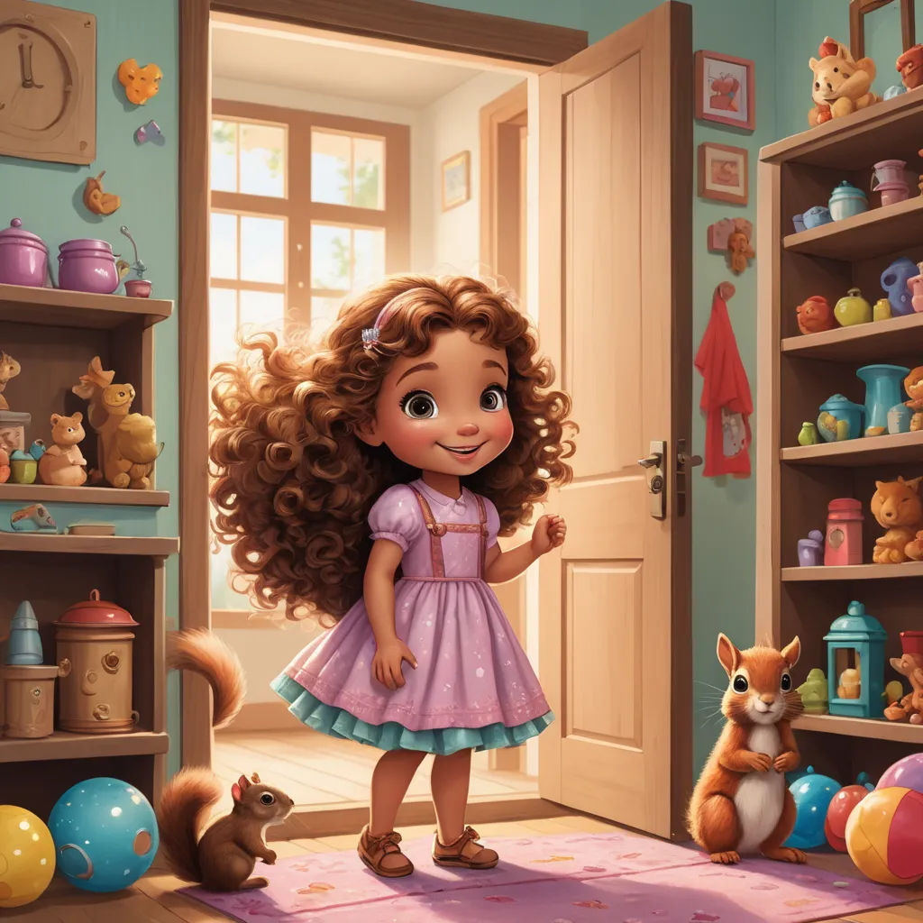a cartoon girl in a pink dress standing in a room with toys and a dog on the floor and a door, photorealism, a storybook illustration, Celia Fiennes, highly detailed digital painting