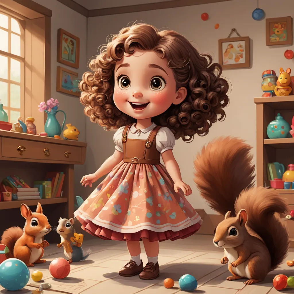 a girl in a dress standing next to a squirrel and other animals in a room with toys on the floor, pop surrealism, a storybook illustration, Chris LaBrooy, deviantart artstation