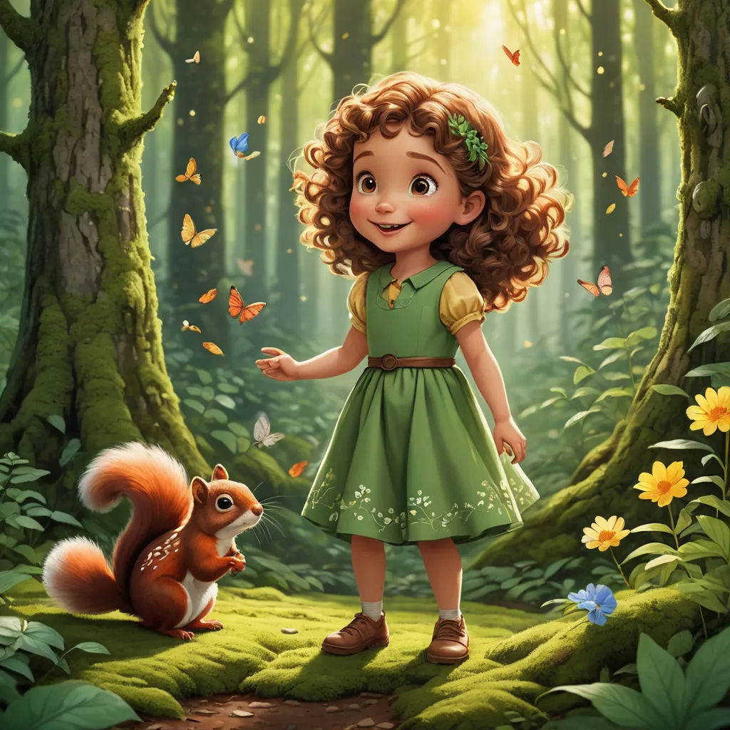a girl in a green dress standing in a forest with a squirrel and butterflies around her, with a forest background, fantasy art, a storybook illustration, Arthur Hughes, official art