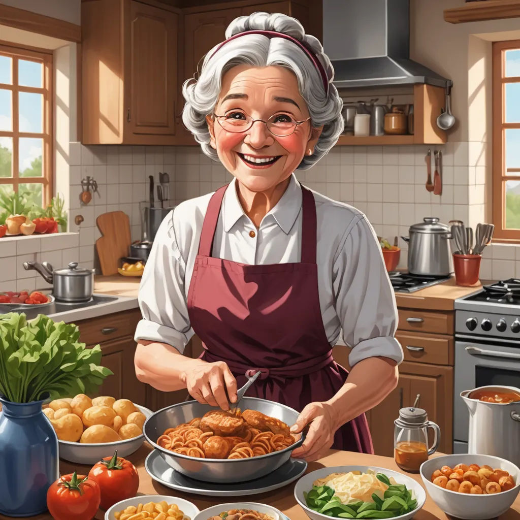 a woman in an apron is cooking in a kitchen with many plates of food on the table and a pot of vegetables on the counter, sots art, computer graphics, Bob Byerley, game art