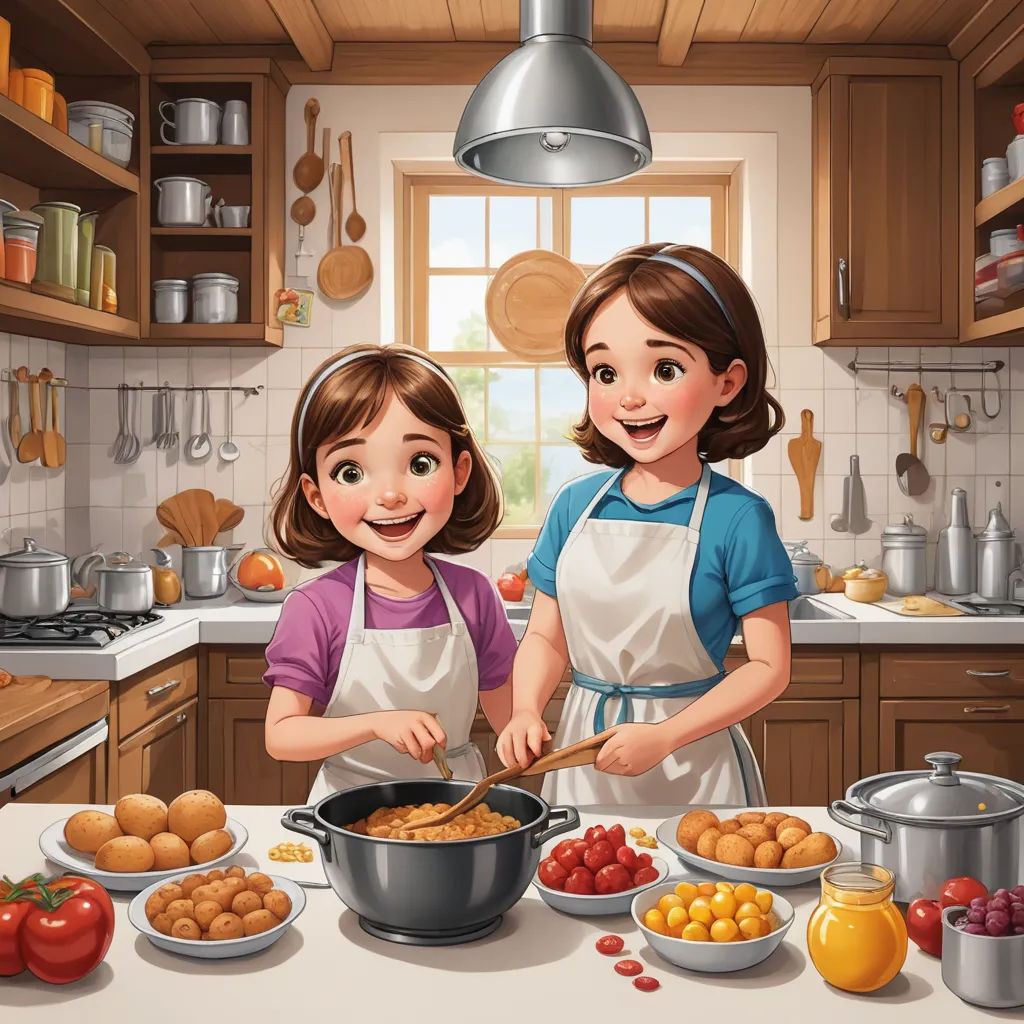 a couple of girls cooking in a kitchen together with a lot of food on the counter top and a pot of food on the counter, lyco art, a storybook illustration, Caroline Lucy Scott, highly detailed digital painting