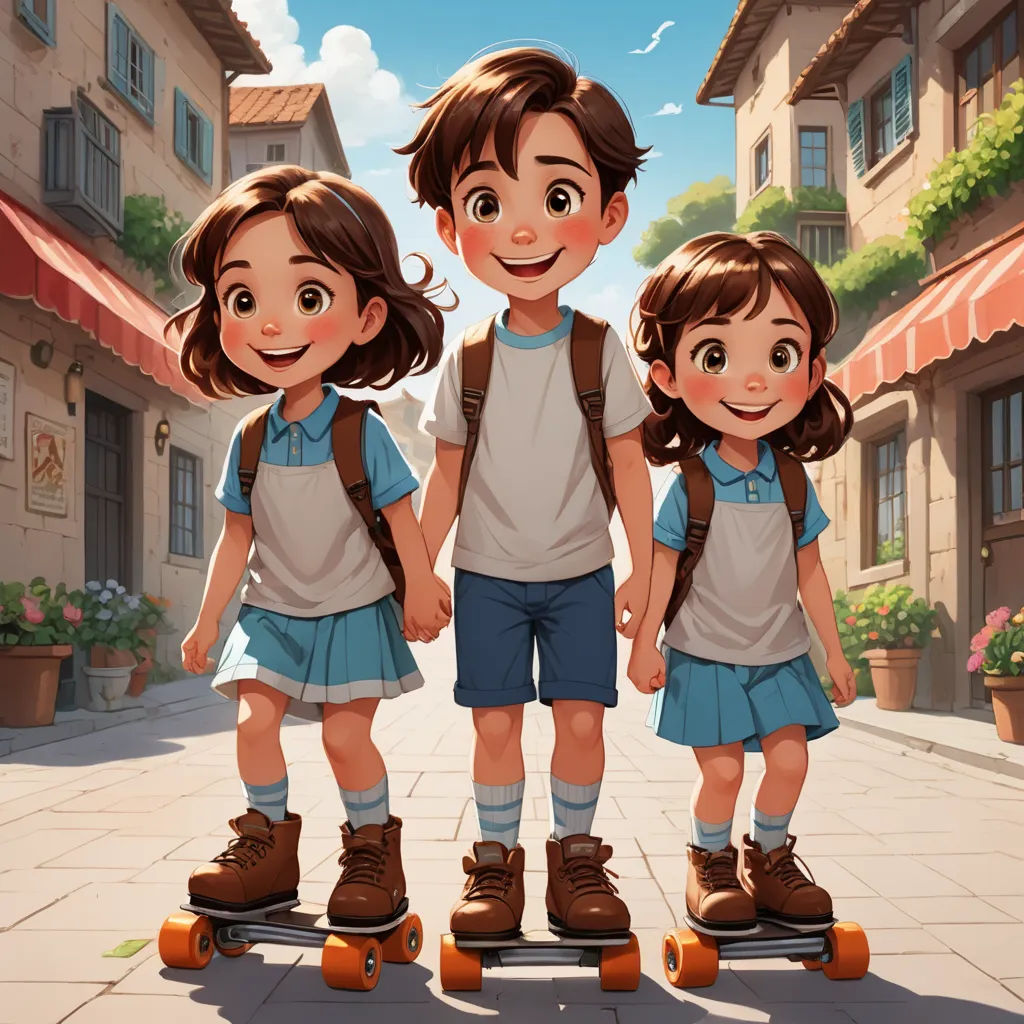 a couple of kids standing on top of a skateboard in front of a building with a sky background, lyco art, a storybook illustration, Diego Gisbert Llorens, rossdraws global illumination