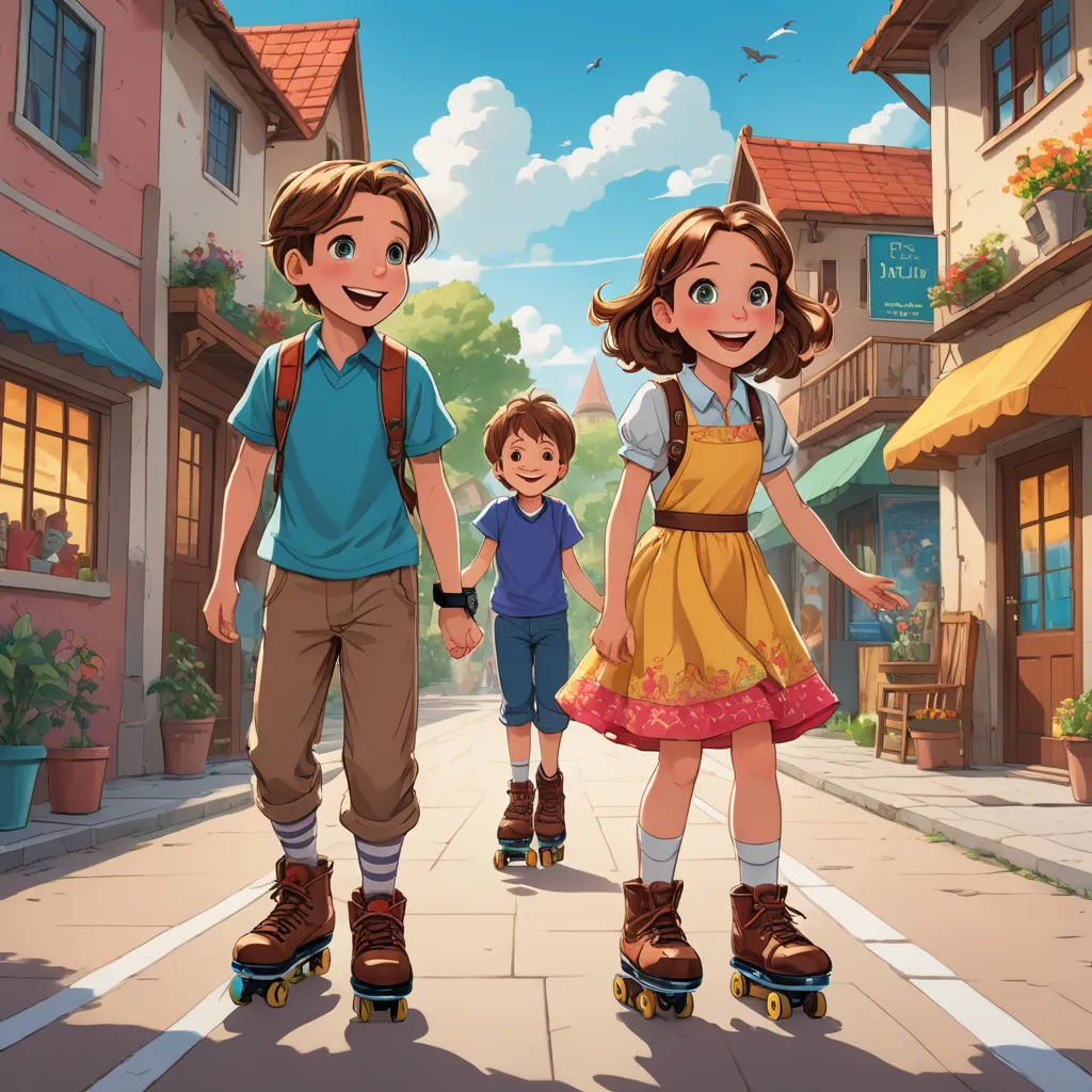a boy and a girl are skateboarding down a street with a boy on a skateboard behind them, american scene painting, a storybook illustration, Diego Gisbert Llorens, official art