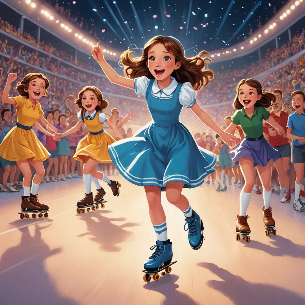 a cartoon of a girl on a skateboard in front of a crowd of girls on roller skates, kitsch movement, a storybook illustration, Bob Byerley, official art