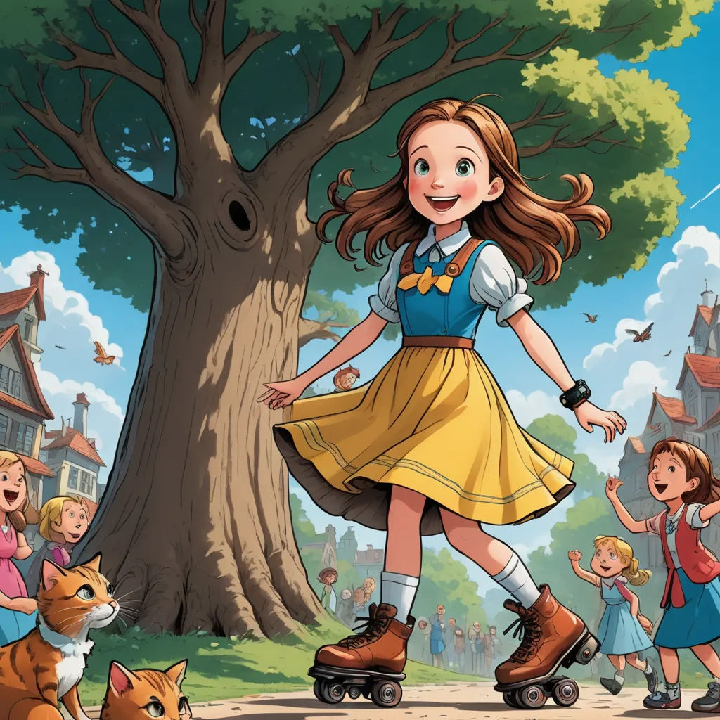 a girl in a yellow dress is roller skating with her friends in the park behind her and a cat on the ground, magical realism, a storybook illustration, Cliff Childs, official art
