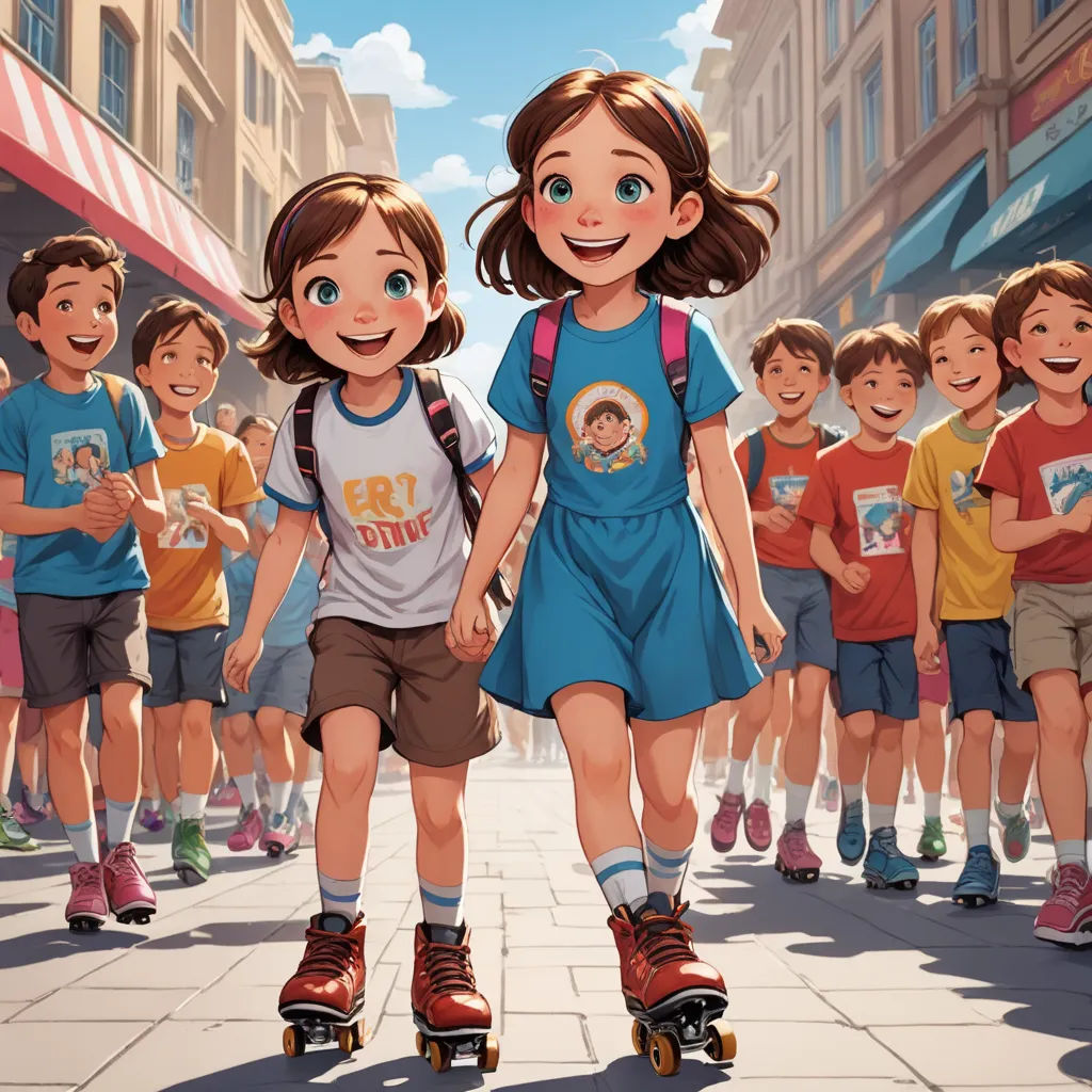 a group of children riding skateboards down a street next to each other on a sidewalk with buildings in the background, paris school, a storybook illustration, Brothers Hildebrandt, cushart krenz