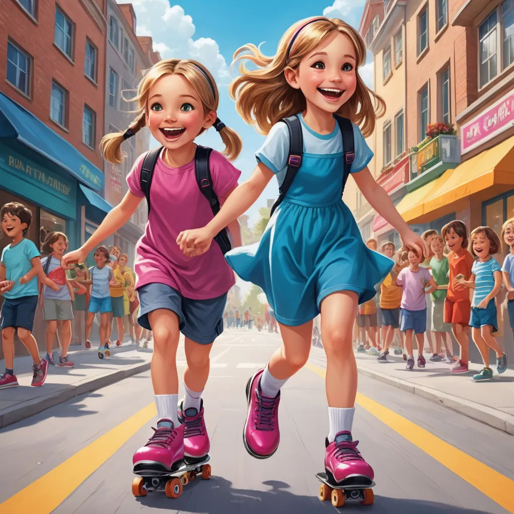 two girls rollerblading down a city street with a crowd of people watching them from the sidewalk and onlookers, american scene painting, a storybook illustration, Bob Byerley, official art